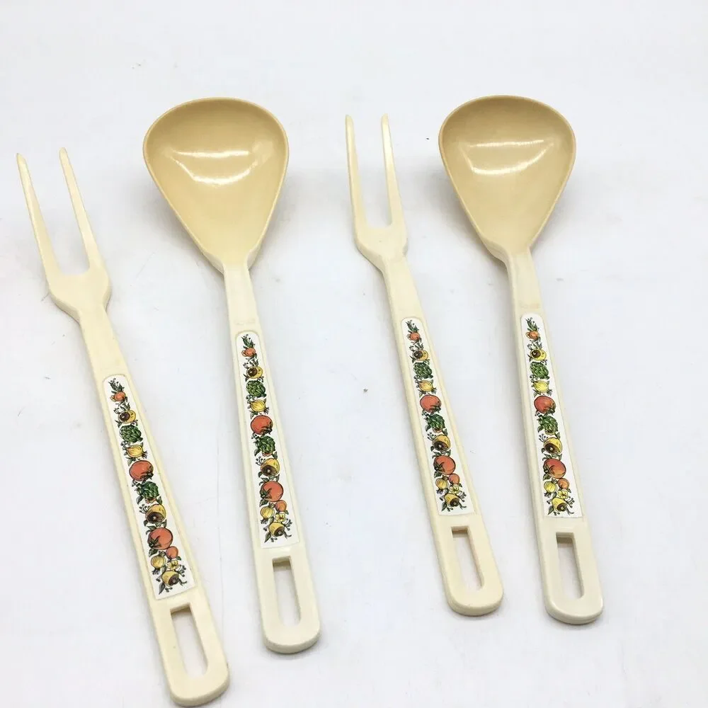 4 Vtg Spice of Life Ekco Nylon 11 inch Kitchen Spoon Fork Vegetable Pattern READ